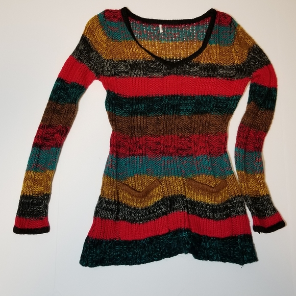 Sweaters - Striped fall red mustard forest green sweater Med